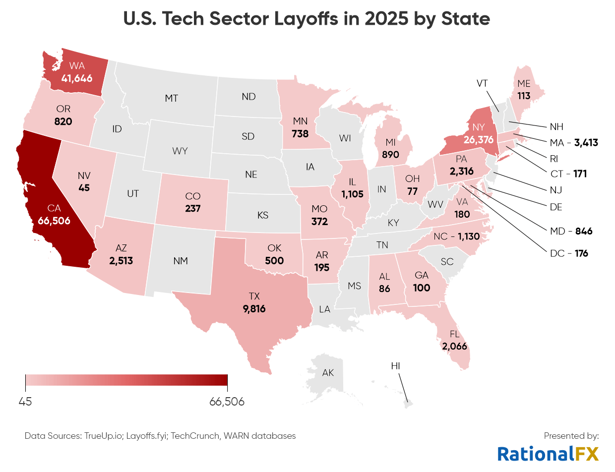 Map that shows U.S. tech sectot layoffs in 2025 by state