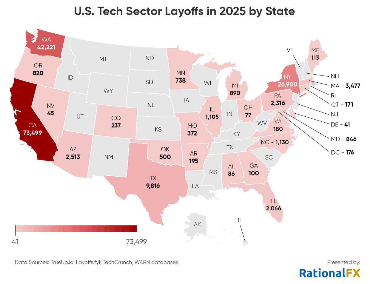 Map that shows U.S. tech sectot layoffs in 2025 by state